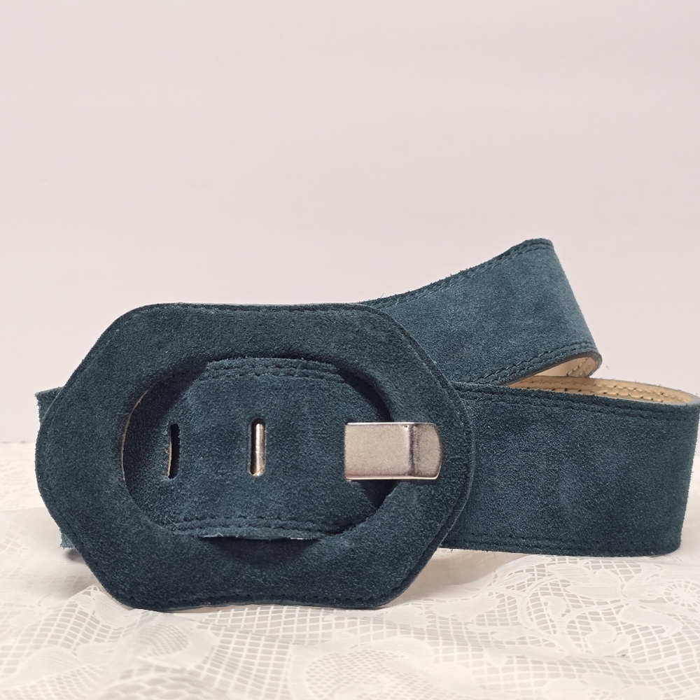 United Colors Of Benetton Teal Suede Wide Belt with Oval Buckle
